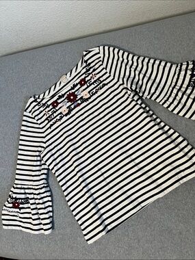 J Crew Floral Embroidered Striped Top XL Coastal Bell Sleeves Boho
